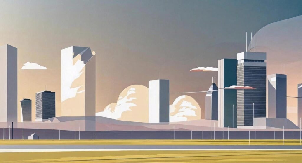 llustrated city skyline representing multiple buildings with embedded networks.