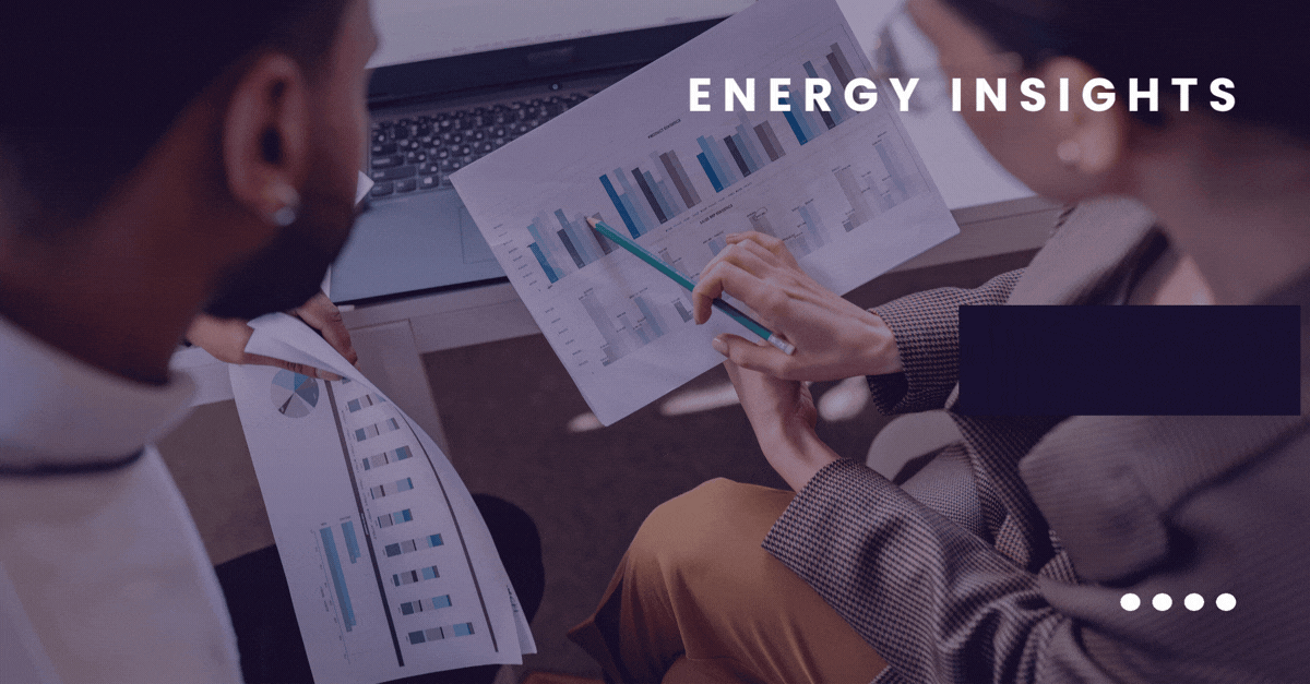 Two business professionals reviewing energy analytics reports and data charts